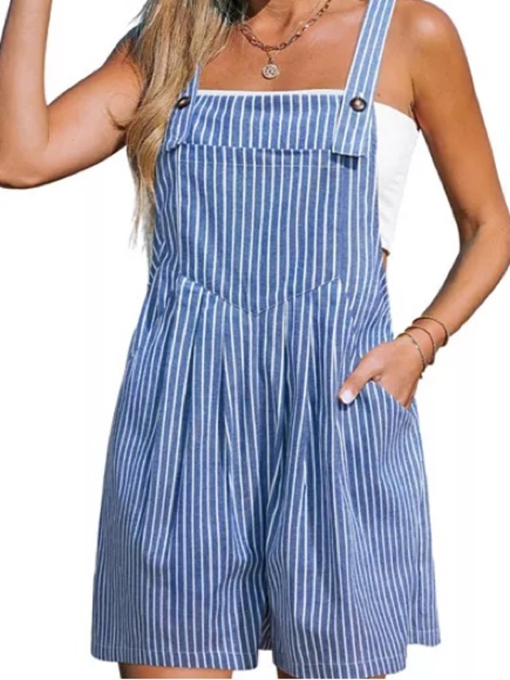 NWT Women’s V-Neck Zipper Romper Blue Striped Overall Shorts beach euro capsule